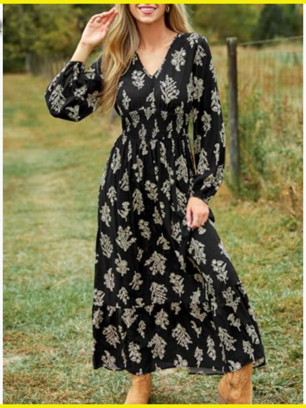 Floral Maxi Dress V Neck Long Puff Sleeve Smocked Waist Ruffle Boho Festival - Picture 6 of 6